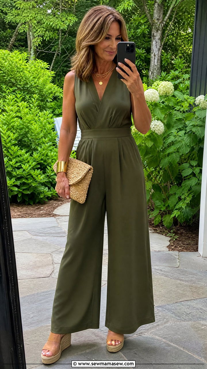Olive jumpsuit and wedge sandals outfit - 30 Summer capsule wardrobe over 40