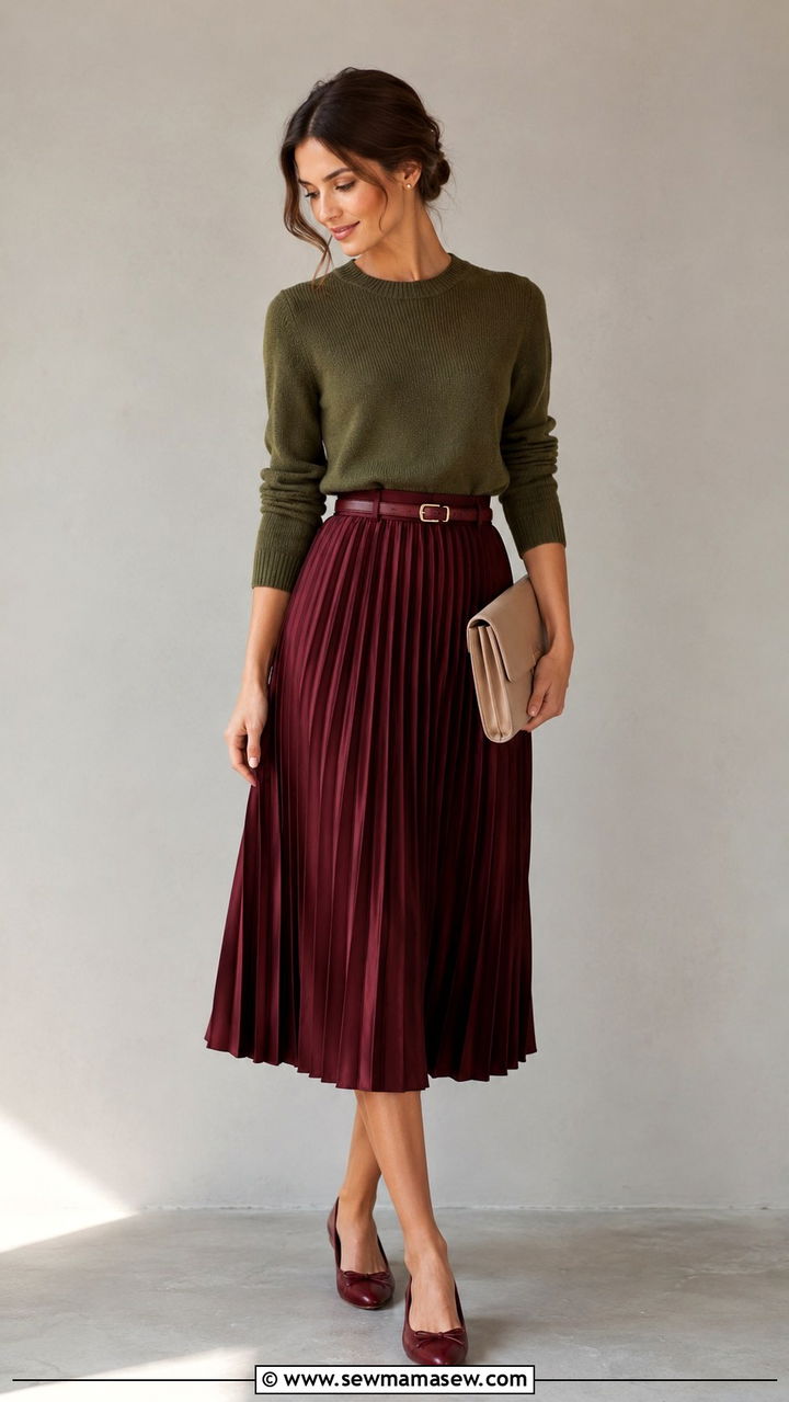 Olive knit sweater with burgundy midi skirt outfit - 25 Olive and burgundy outfit ideas
