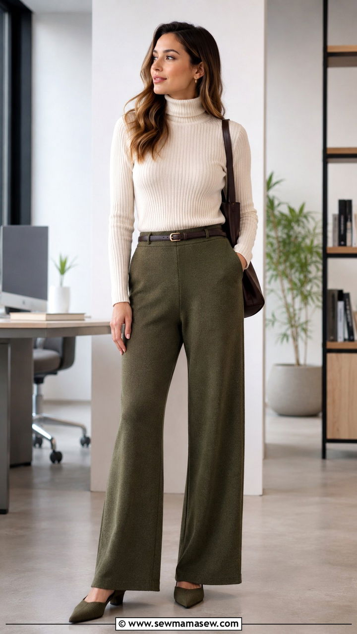 Olive knit wide leg trousers with cream turtleneck - 30 Loungewear outfit ideas 2026