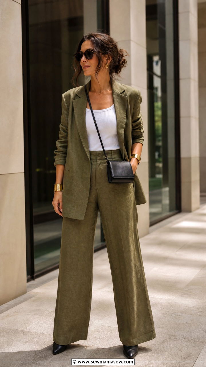 Olive linen blazer and trouser set outfit - 25 Linen matching set outfit ideas