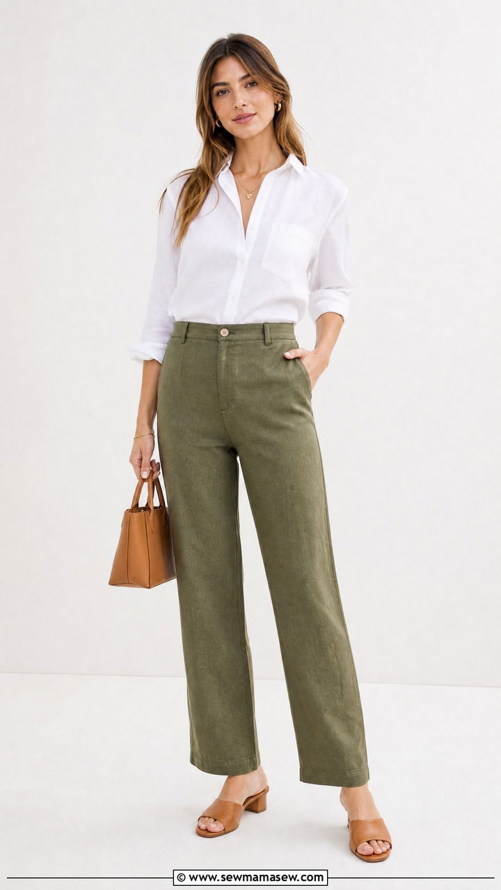 Olive linen pants with white button down shirt and mules - 25 How to style linen pants in summer