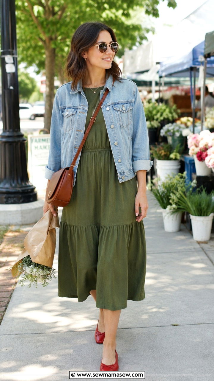 Olive midi dress with denim jacket and red flats - 30 Spring outfits with midi dresses