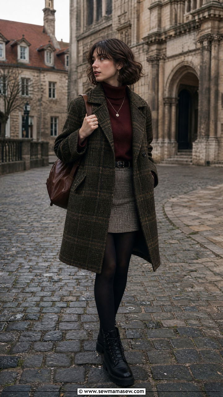 Olive plaid coat and checkered skirt outfit - 30 dark academia outfits ideas