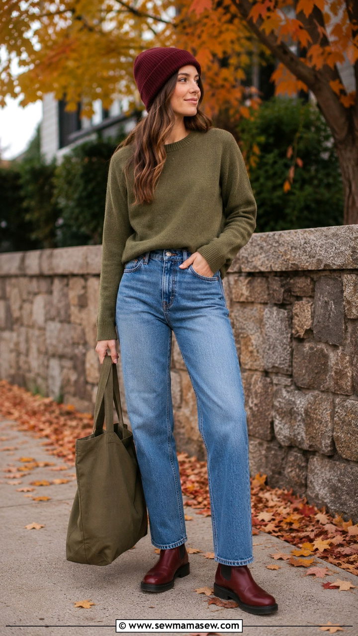 Olive pullover with burgundy boots and straight leg jeans outfit - 25 Olive and burgundy outfit ideas