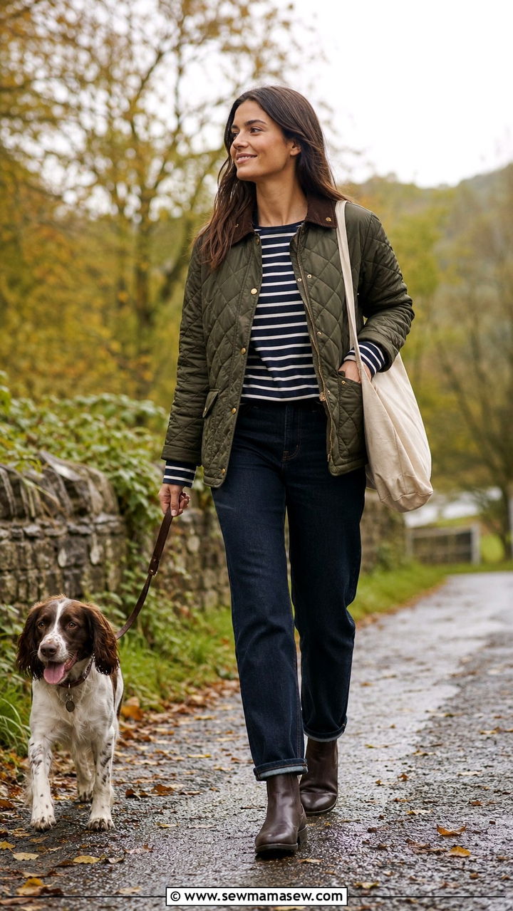 Olive quilted barn jacket with striped tee and straight leg jeans - 25 Old money outfit ideas with equestrian style