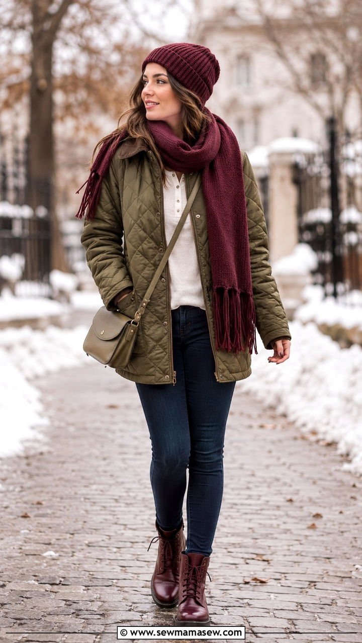 Olive quilted jacket with burgundy scarf and boots outfit - 25 Olive and burgundy outfit ideas