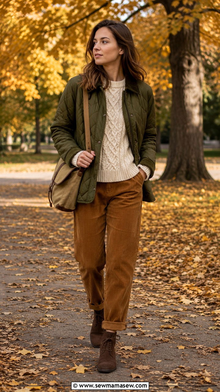 Olive quilted jacket with corduroy pants - 25 Old money outfit ideas with quilted jacket