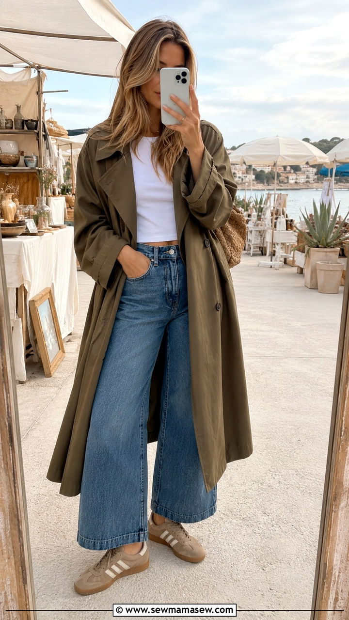 Olive trench coat with a white tee cropped wide leg jeans and suede sneakers - 30 Long trench coat outfit ideas with sneakers