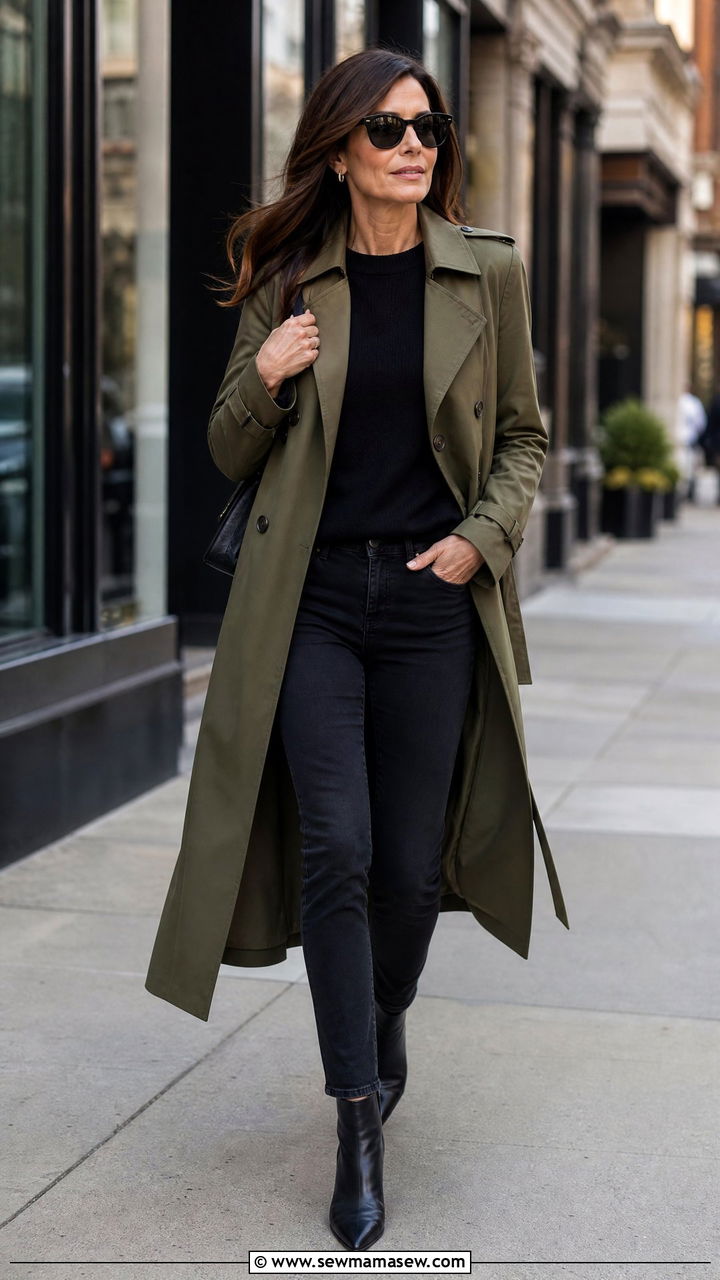 Olive trench coat with black jeans and pointed boots - 30 parisian outfit ideas for women over 40