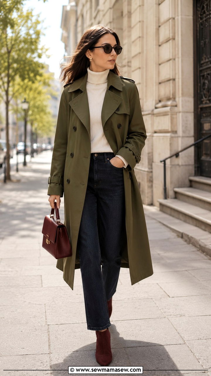 Olive trench coat with burgundy ankle boots outfit - 25 Olive and burgundy outfit ideas