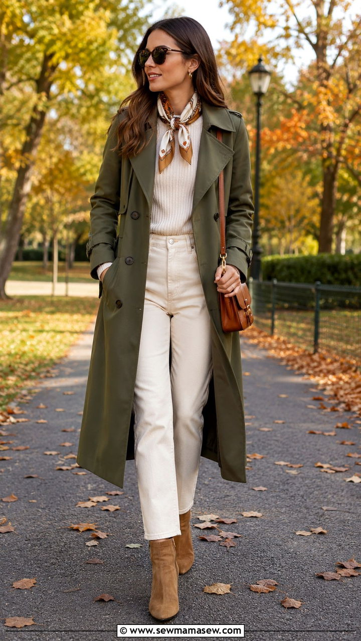 Olive trench coat with cream jeans - 30 classy outfits inspo
