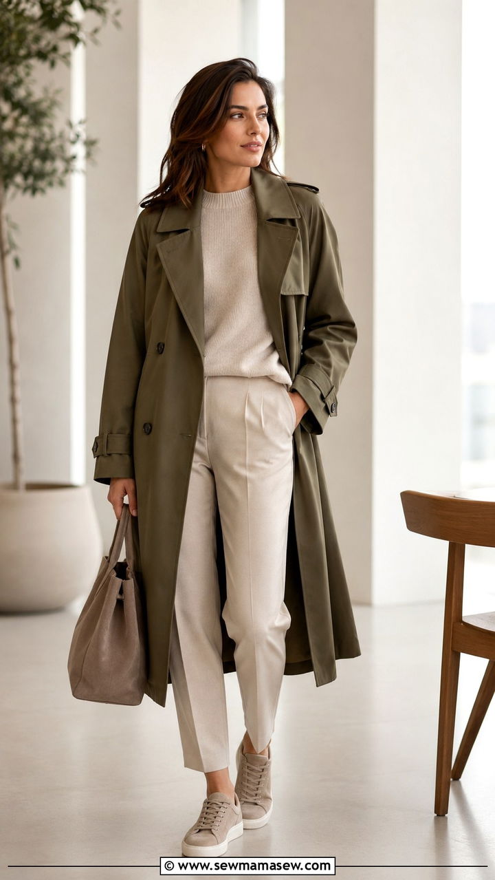 Olive trench coat with neutral sneakers and tonal knit dressing - 30 Long trench coat outfit ideas with sneakers