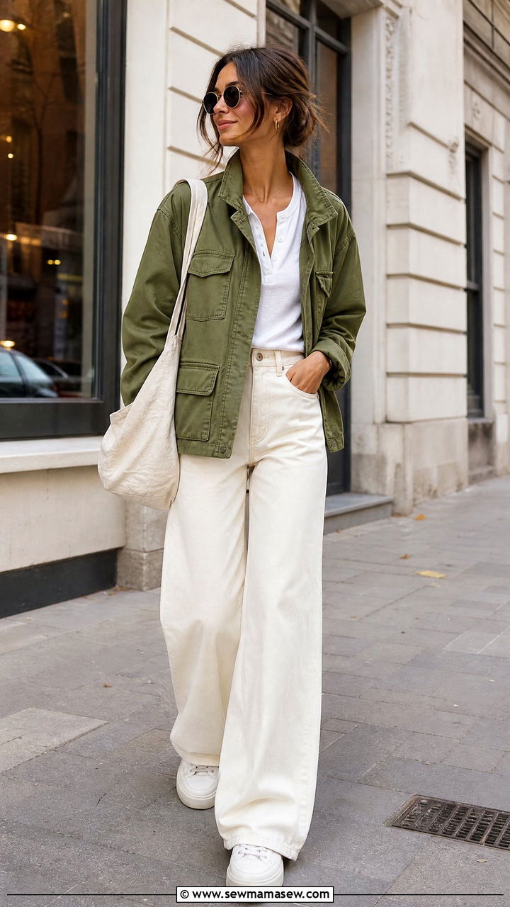 Olive utility jacket and ecru wide leg jeans - 35 Minimalist spring outfits