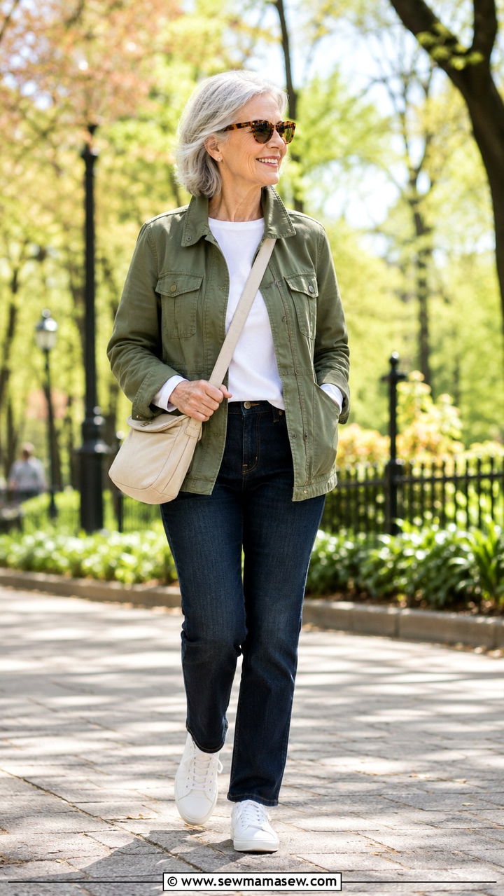 Olive utility jacket and straight jeans outfit for women over 65 - 30 Outfit ideas for women over 65