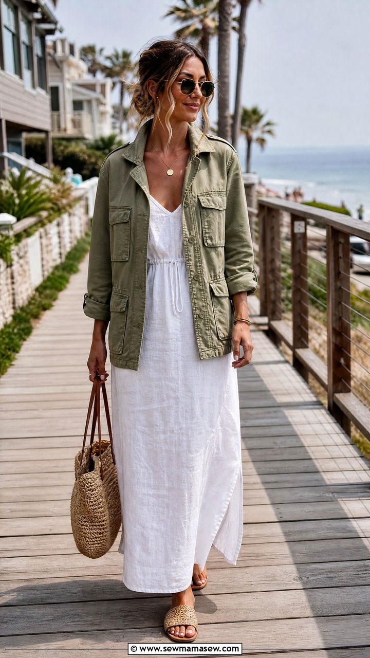 Olive utility jacket and white maxi dress - 30 Summer outfits with utility jackets