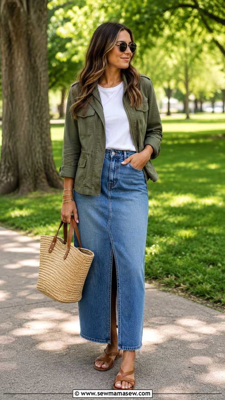 Olive utility jacket with a denim maxi skirt - 30 spring utility jacket outfit ideas