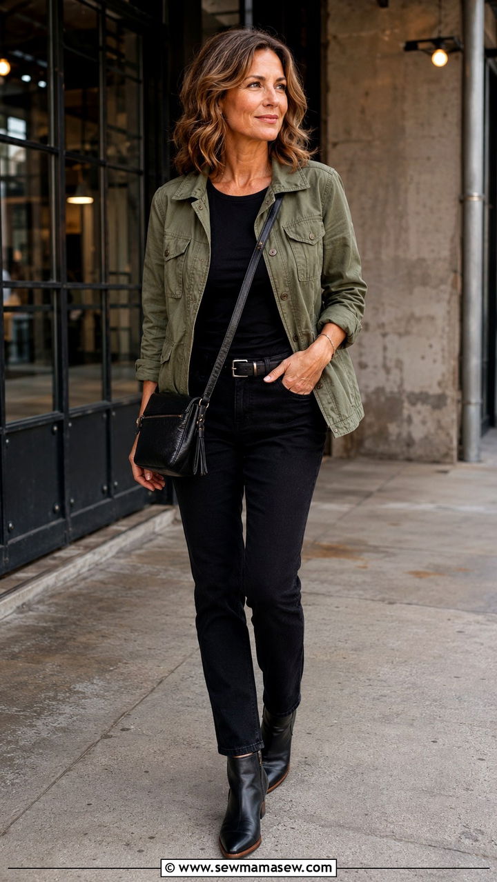 Olive utility jacket with black jeans and ankle boots - 30 Outfit ideas for women over 40 errands