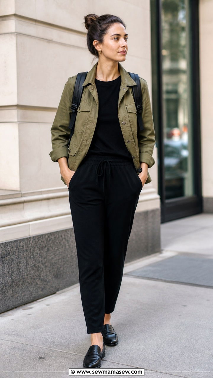 Olive utility jacket with black joggers and loafers - 40 Business trip outfit ideas