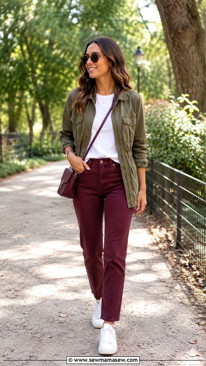 Olive utility jacket with burgundy jeans outfit - 25 Olive and burgundy outfit ideas