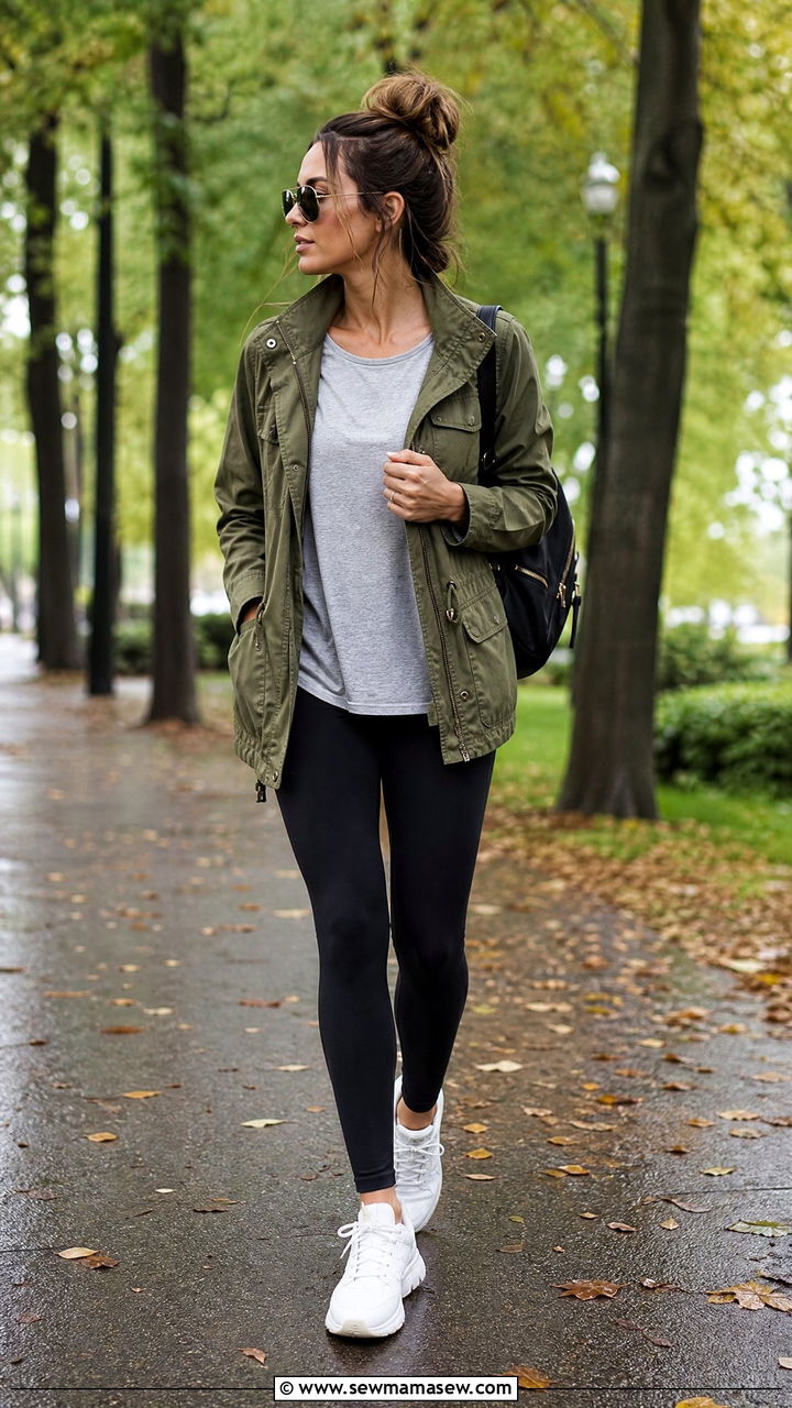 Olive utility jacket with sneakers - 25 spring rainy day outfit ideas
