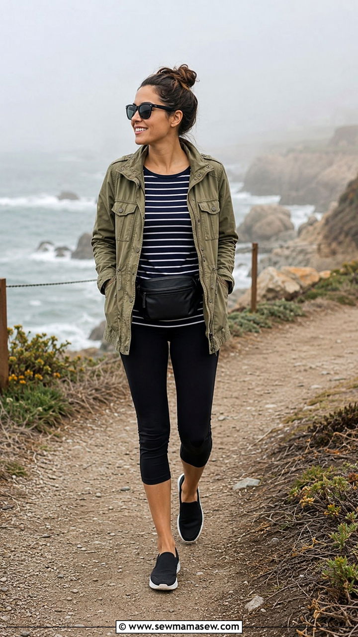 Olive utility jacket with striped tee and capris outfit - 30 Small ship cruise outfit ideas