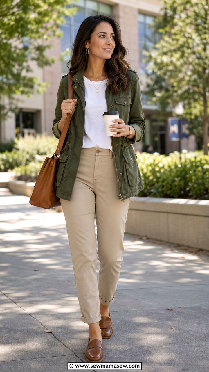 Olive utility jacket with white tee and chinos - 25 Recruiter outfit ideas
