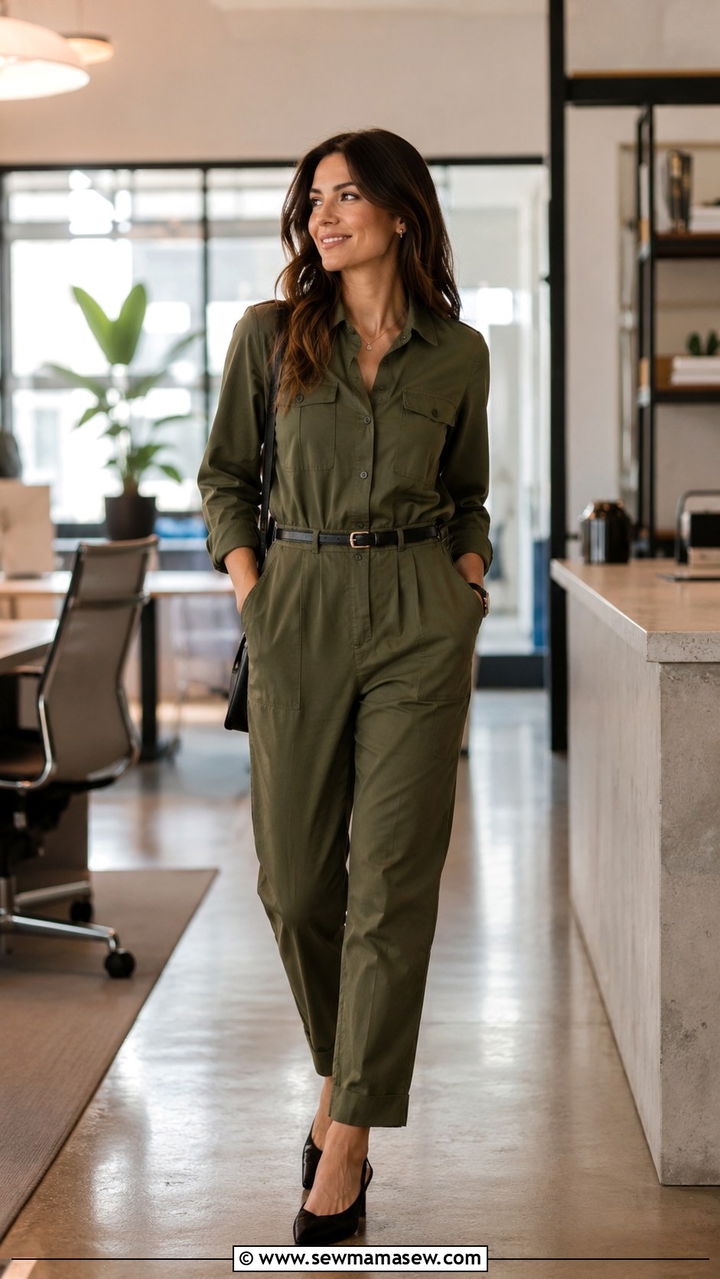 Olive utility jumpsuit with a skinny belt and slingbacks - 25 Work outfit ideas for Wednesday
