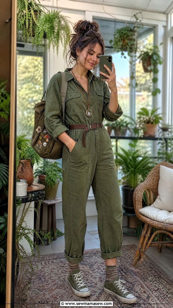 Olive utility jumpsuit with canvas backpack and worn in sneakers - 30 Goblincore outfit ideas