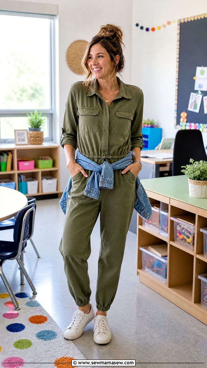 Olive utility jumpsuit with white sneakers - 30 Summer outfit ideas for teacher