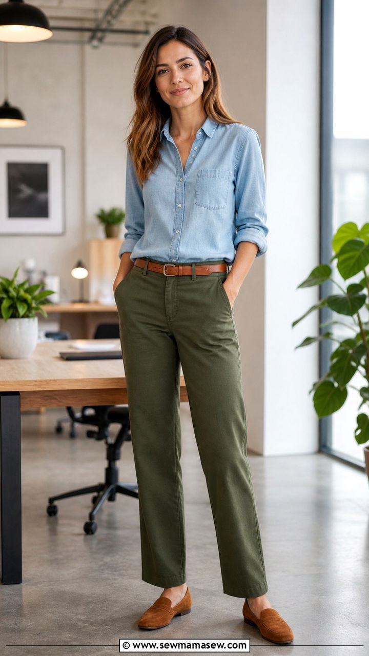 Olive work pants with chambray shirt and suede loafers - 40 casual office outfits