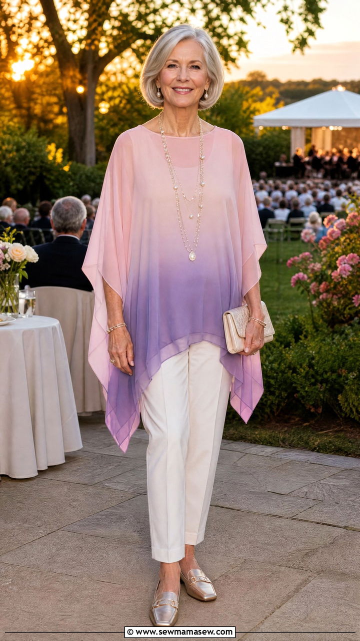 Ombre Chiffon Tunic and White Trousers with Metallic Loafers - 30 Concert outfits for women over 60