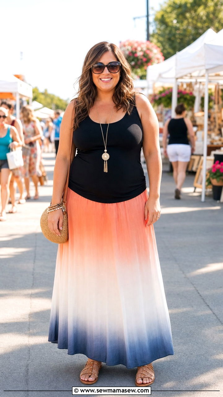 Ombre Maxi Skirt With Fitted Black Tank - 25 Summer outfits for apple shape