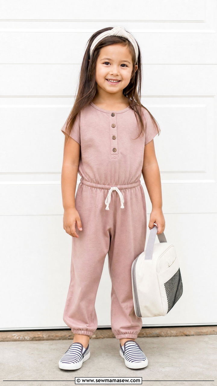 One Piece Jumpsuit with Striped Sneakers - 25 First day of preschool outfit ideas