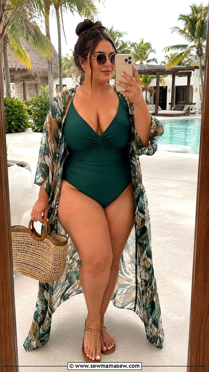 One Piece Swimsuit With Long Kimono Cover Up - 30 plus size beach vacation outfit ideas