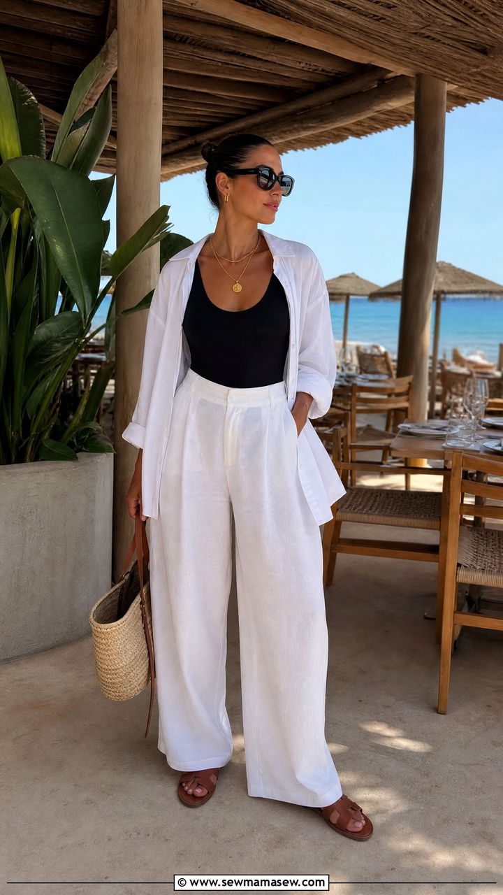 One Piece Swimsuit With Wide Leg Pants Vacation Outfit - 30 summer vacation chic outfit ideas