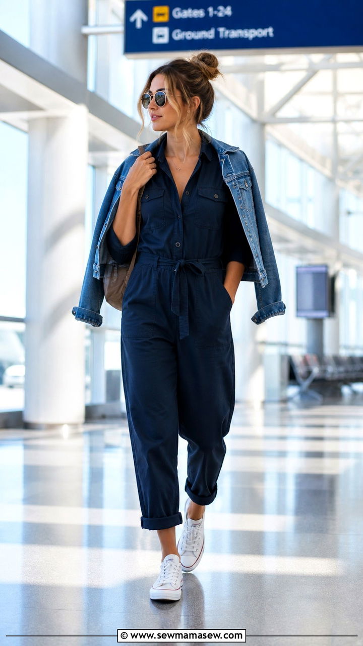 One Piece Utility Jumpsuit with Canvas Sneakers - 20 Airport outfit ideas pinterest 2026