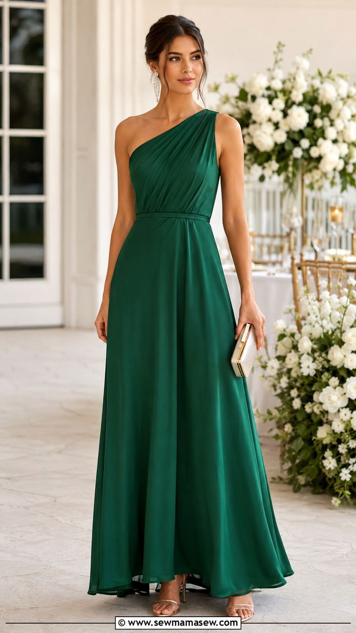 One Shoulder A Line Maxi with Crystal Jewelry - 25 Wedding guest outfit ideas A line dress