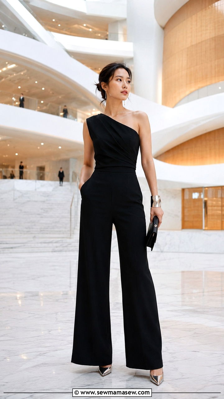 One Shoulder Black Jumpsuit With Cuff Bracelet - 30 Opera outfit ideas