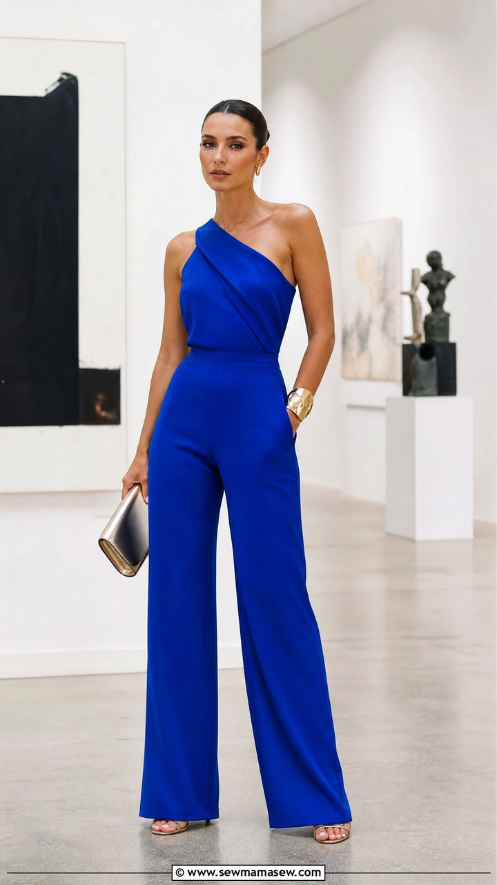 One Shoulder Bold Color Jumpsuit with Minimal Accessories - 30 summer jumpsuit outfit ideas