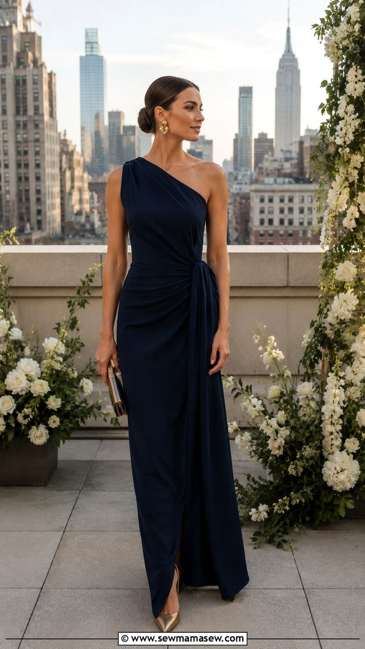 One Shoulder Crepe Gown With Architectural Earrings - 30 Old money wedding guest outfits