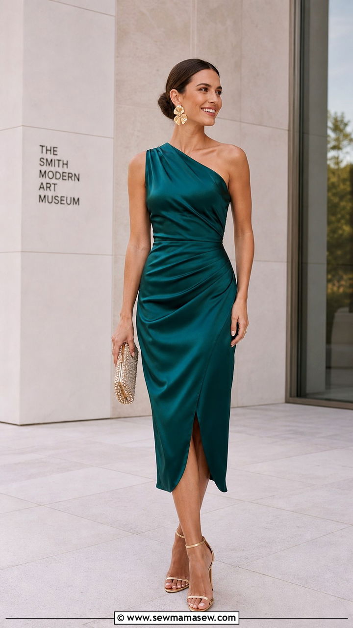 One Shoulder Dress with Clutch and Heels - 40 Wedding guest outfit ideas