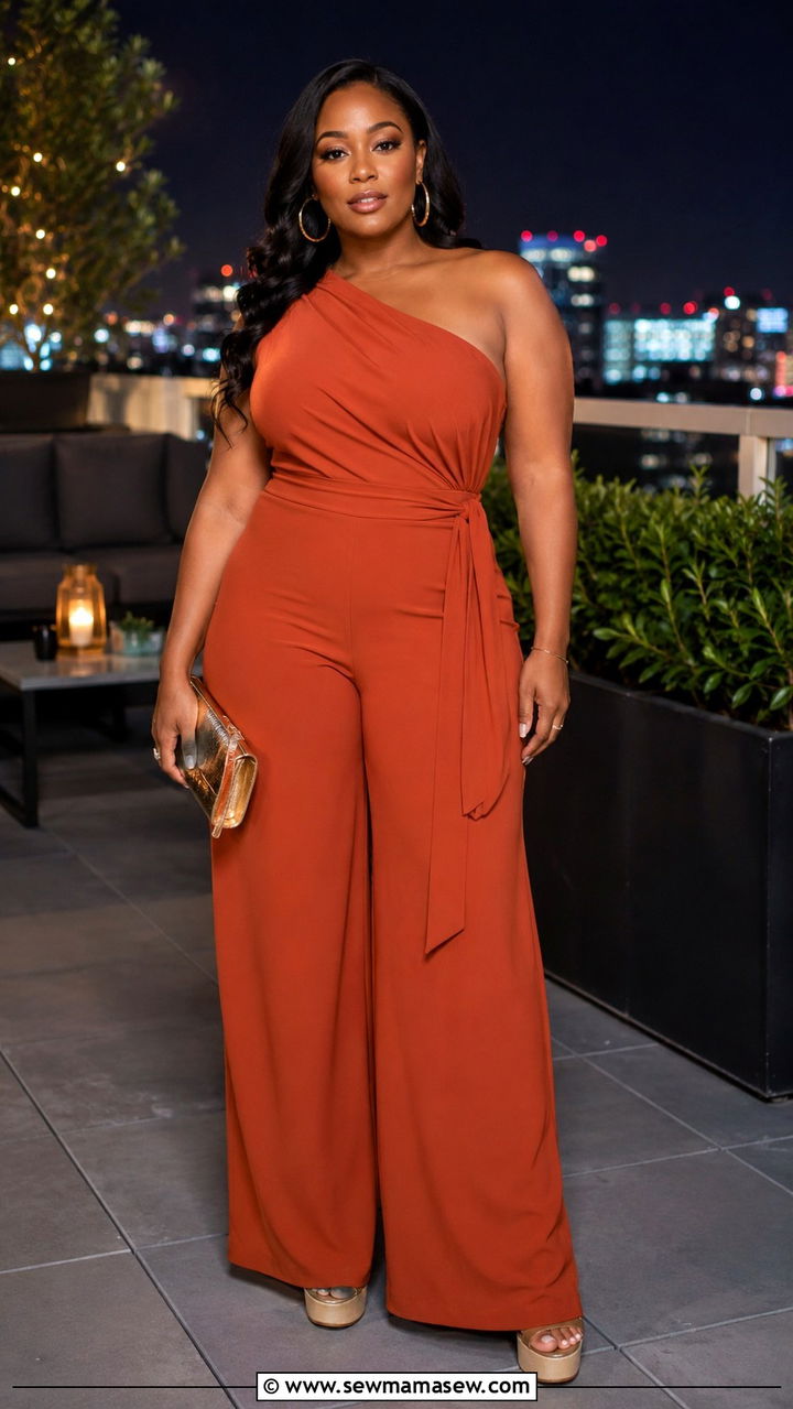 One Shoulder Jumpsuit With A Wide Leg Silhouette And Platform Sandals - 25 Outfit ideas for curvy upper body