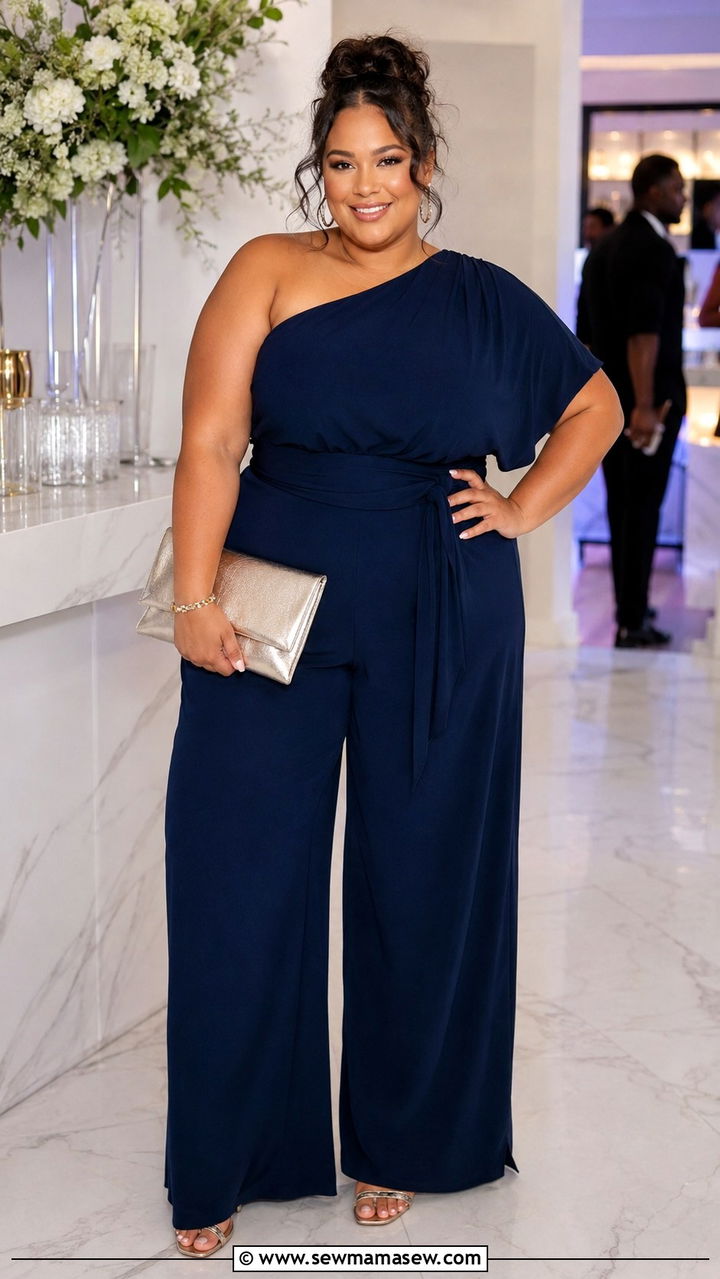One Shoulder Jumpsuit with Metallic Clutch - 30 Plus size birthday outfit ideas