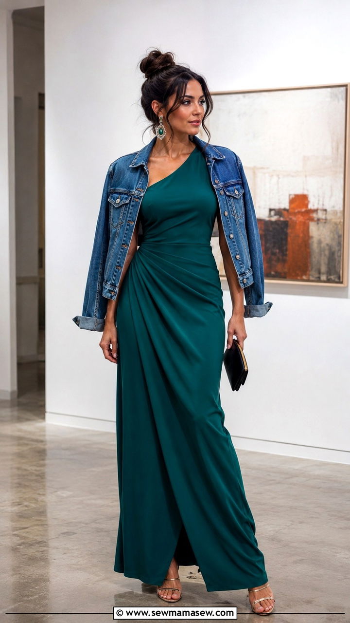 One Shoulder Maxi Dress With Denim Jacket And Heeled Sandals - 30 Maxi dress with a denim jacket outfit ideas