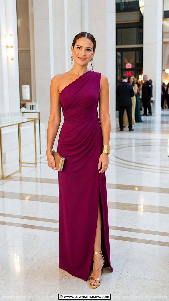 One Shoulder Maxi Dress With Gold Sandals - 30 Maxi dress outfit ideas with sandals