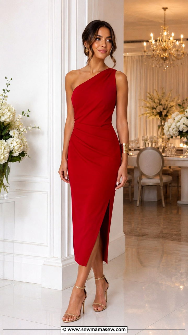 One Shoulder Midi Dress With Strappy Stilettos - 30 Party outfits for pear shape