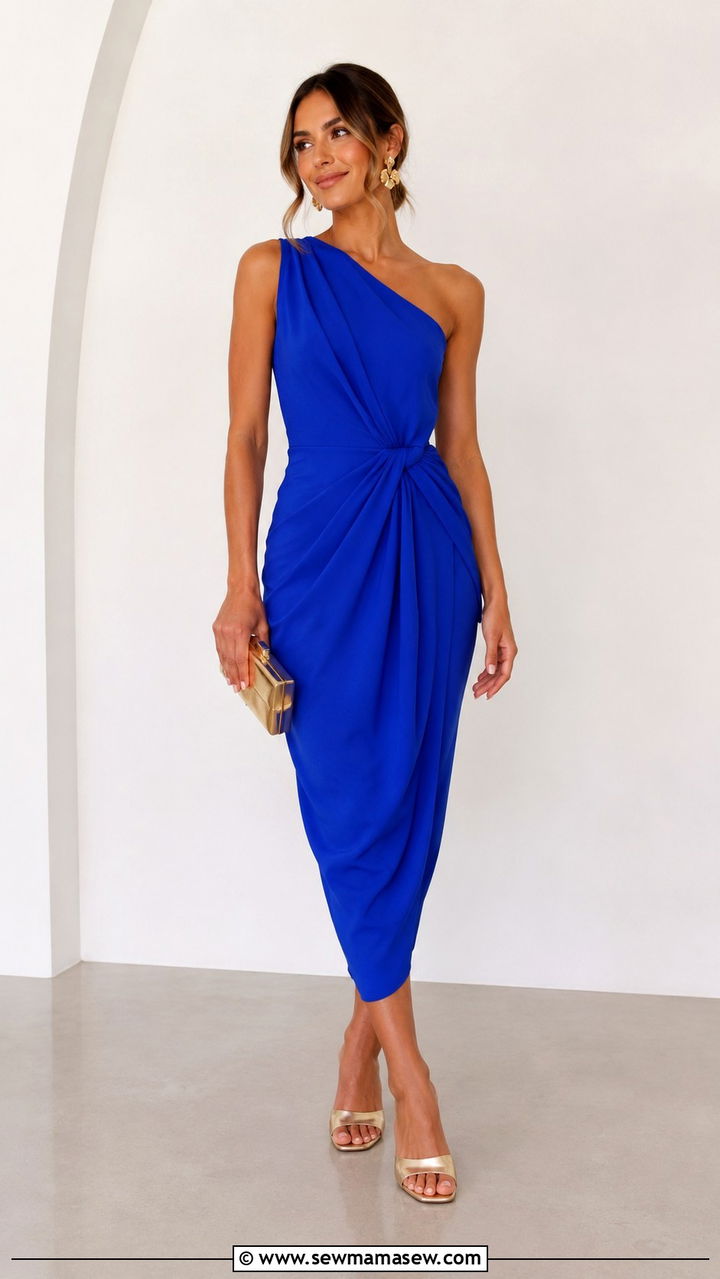 One Shoulder Midi Dress with Sculptural Earrings - 25 Wedding guest outfit ideas for college girls
