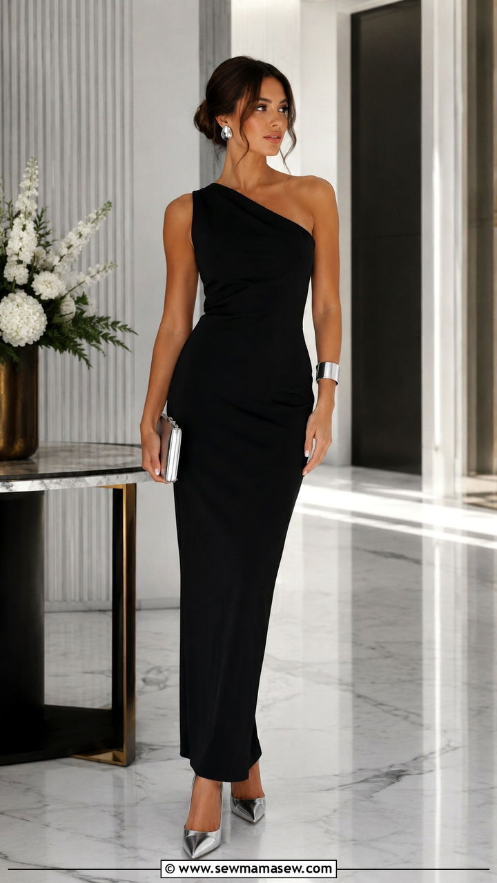 One Shoulder Pleated Dress Wedding Guest Outfit With Bracelet - 20 Wedding guest outfit ideas one shoulder dress