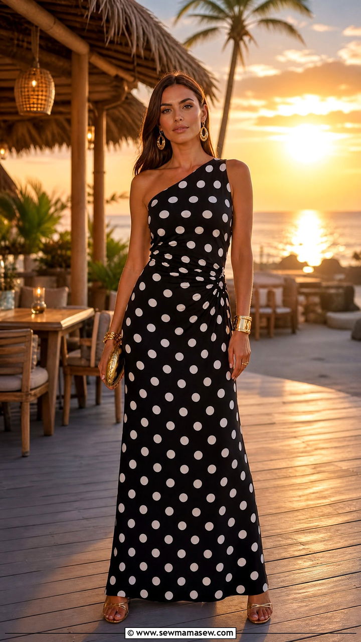 One Shoulder Polka Dot Maxi Dress for Mauritius Evening Cocktails - 35 Mauritius outfit ideas