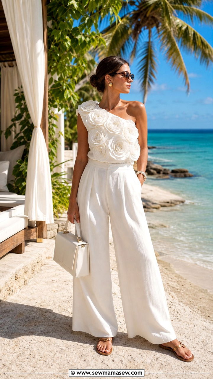 One Shoulder Rosette Top With Slouchy White Trousers - 25 Sofia Richie summer outfit ideas